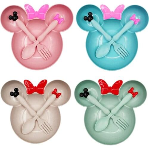 3Pcs/Set Baby Tableware Toddle Cute Cartoon Feeding Dishes Kids Fruit Plates Dinner Bowl Spoon Fork Children Training Dinnerware