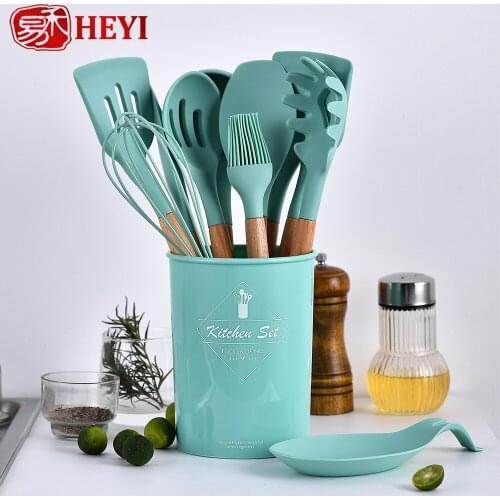9/10/12PCS Silicone Cooking Utensils Set Non-stick Spatula Shovel Wooden Handle Cooking Tools Set Storage Box Kitchen Tools HZF