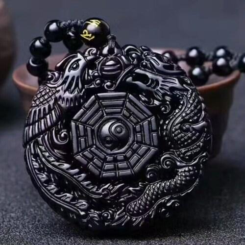 Black Obsidian Dragon Phoenix Gossip Jade Pendant Necklace Hand-Carved Fashion Charm Jewelry Accessories Amulet for Men Women