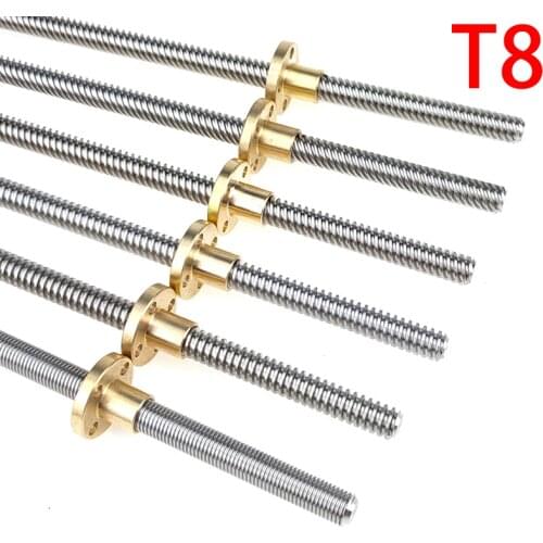 CNC 3D Printer T8 Lead Screw Trapezoidal Rod Thread 8mm Lead 1mm Length100mm200mm300mm400mm500mm with Brass Nut