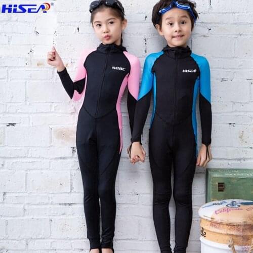 Hisea Childrens Lycra Fabric Kids Wetsuits Snorkeling Warmness Long Sleeve Swimming Diving Suit Jumpsuit Swimwear Hat Optional
