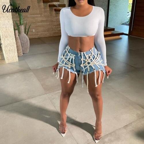 Women Washed Denim Shorts With Hem Tassel Patchwork Detail Casual New Fringed Ripped Skinny Ribbon Weaving Lace Up Denim Shorts