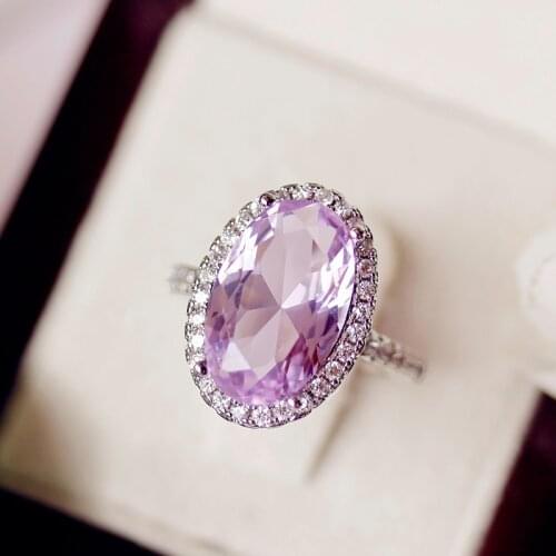 Elegant Female Big Oval Purple Zircon Ring Fashion Silver Color Party Engagement Ring Vintage Hollow Wedding Rings For Women