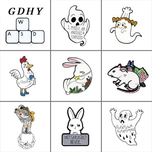 GDHY Cartoon Ghost Chicken Rabbit Mouse Brooches White Computer Keyboard ASDW Enamel Pins Lapel Pin Bag Metal Badges Jewelry