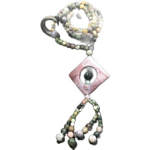 Exquisite (water grass agate) hand carved hollow square Flower Pendant sweater chain