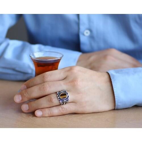 925 Sterling Silver Ring for Men Tiger Stone Jewelry Fashion Vintage Gift Onyx Aqeq Mens Rings All Size