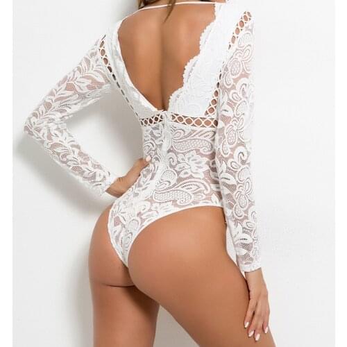 Sexy Rompers Deep V-Neck See Through Skinny Lace Bodysuit Women 2020 Spring Long Sleeve Bodycon Dentelle Sheer Bodysuit Summer