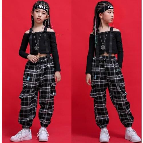 Girls Jazz Dance Costumes Black Tops Plaid Pants Suit ChildrenS Hip Hop Clothing Street Dance Costumes Performance Wear DQS7934