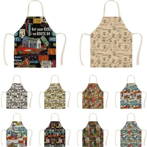 66 mother road and fram Design Kitchen Aprons for Woman Man Home Cooking Baking Shop Cleaning Cotton Linen Apron WQ1713