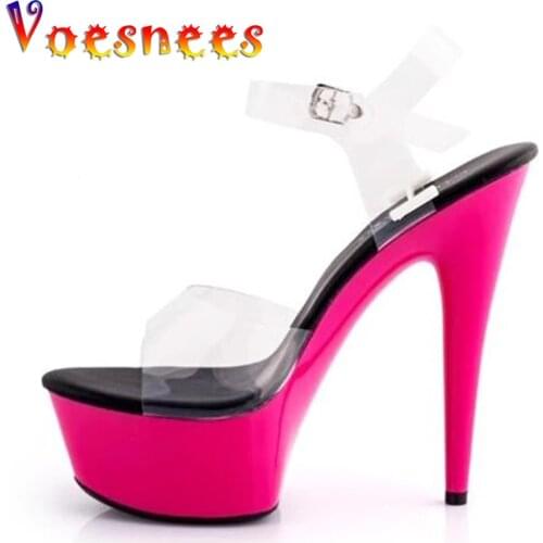 Hot! Women Summer Sandals Platform Fashion Shows Sexy Transparent crystal Slipper Sandals High Heel 15cm Shoes Plus-size 34-44
