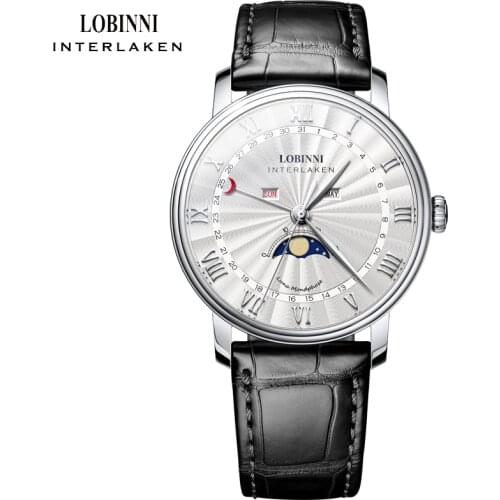 LOBINNI Top Brands Mens Quartz Watches Sapphire Waterproof Moon Phase Watch Men Calendar Leather Steel Male Clock reloj hombre