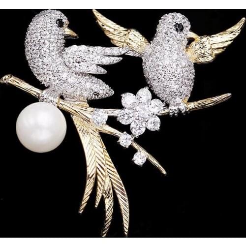 Fashion Cute Two Birds Brooch High Quality Cubic Zirconia Wedding Jewelry Romantic New Year Gifts For Women