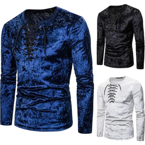 Mens Lace Up V Neck T-shirt Long Sleeve Crushed Velvet Top Tee Shirt Gothic