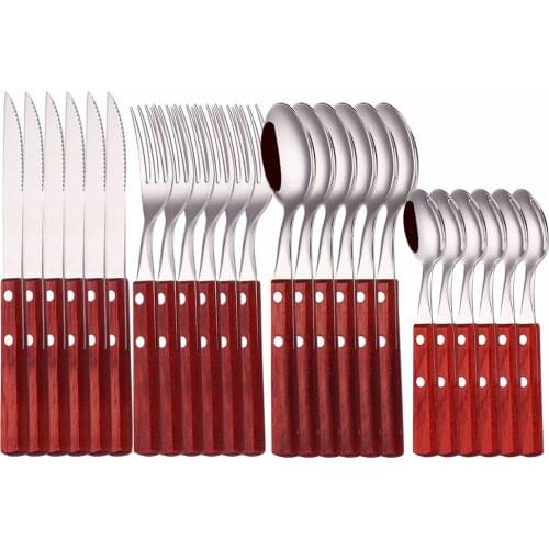 Wooden Handle Cutlery Set Forks Knives Spoons Tableware Stainless Steel Cutlery Kitchen Set Dinnerware High Quality Dropshipping