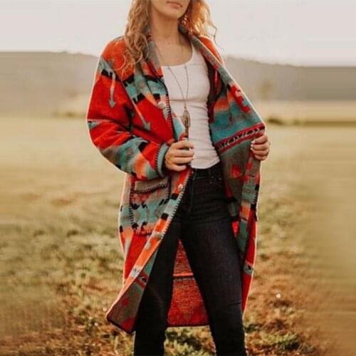2021 Autumn and Winter New Womens Printed Long-sleeved Long Coat Fashion All-match Casual Printed Long-sleeved Mid-length Coat