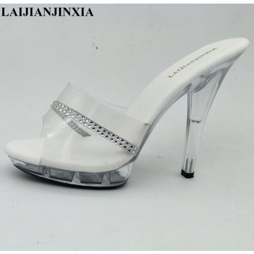 LAIJIANJINXIA New 13cm high heels shoes transparent crystal cold slippers catwalk model womens Shoes Summer PVC Slides Pumps