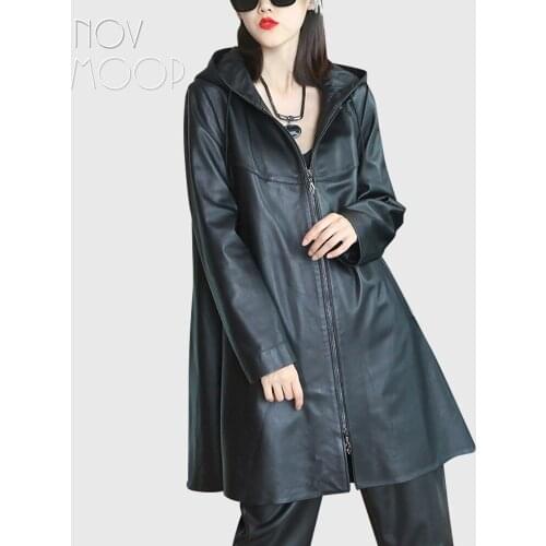 Novmoop genuine leather women hooded long coat jacket solid color sheepskin elegant sweet lady style french Veste de cuir LT3454