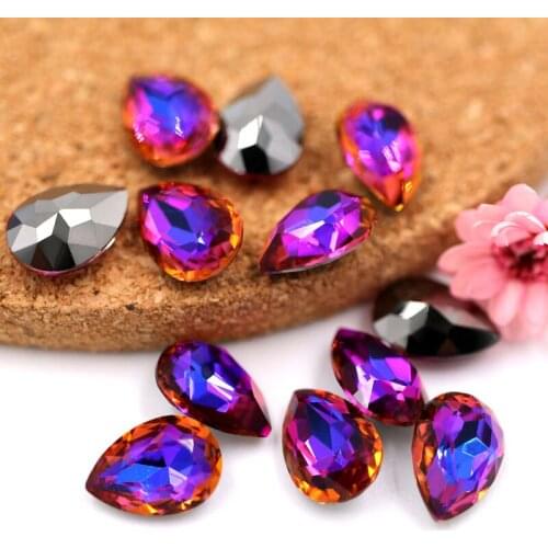 New arrival crystal glass pointback rhinestones Purple blue light Teardrop strass rhinestones 50pcs/pack for DIY Nail art