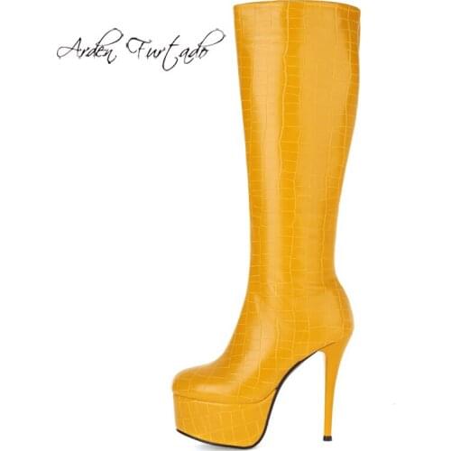 NEW Arden Furtado 2021 Winter Fashion Womens Shoes Waterproof Winter Yellow Rose Red Stilettos Heels Knee High Boots Sexy