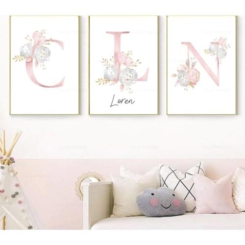 Customize Personalized Name Poster Floral Letter Art Canvas Print Baby Nursery Wall Picture Painting Kid Girl Bedroom Decoration