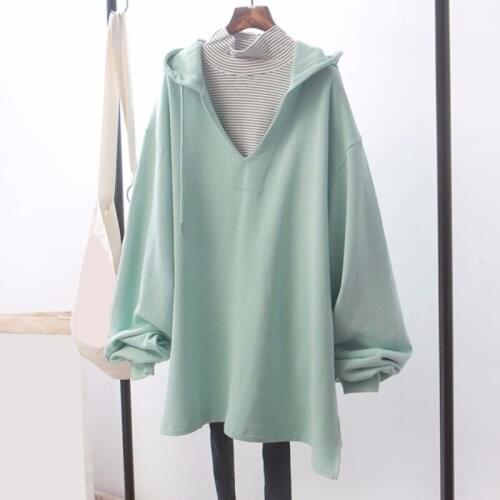 Casual Loose Women Sweatshirt Hooded Long Sleeve Hoodies Streetwear Autumn V Neck Solid Color Pullover Tops