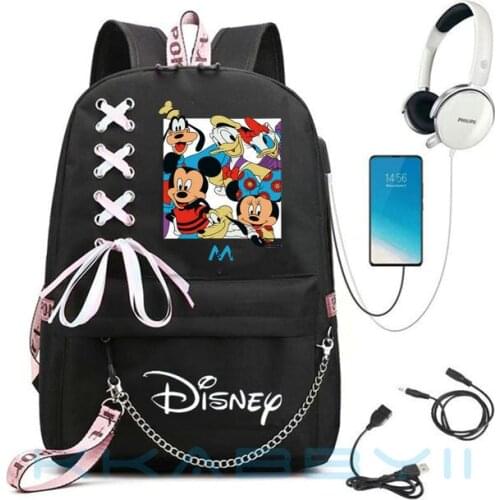 Disney Mickey Minnie Mouse Laptop Backpack USB Backpacks Fashion Travel School Bag Backpack For Women Men With Ribbon