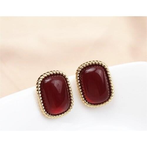 S925 Baroque Wine Red Square Stud Earrings For Women Female Simple Girl Retro Temperament Earing Party Jewelry Gift