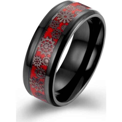 8mm Silvery Trendy Party Mechanical Gear Wheel Rings Stainless steelWedding Band Black Carbon Fiber Inlay Beveled Edges Comfort