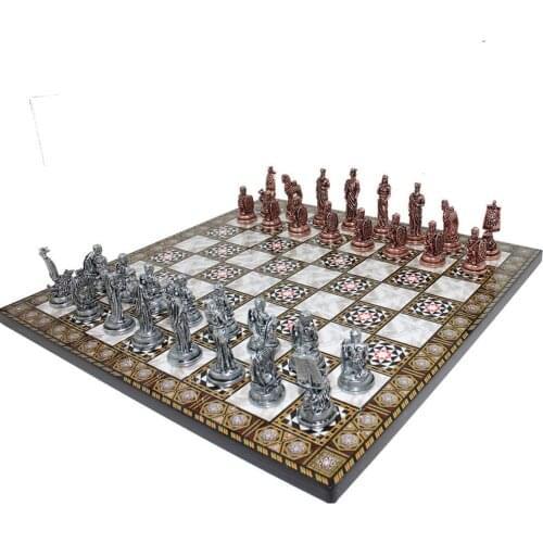 Historical Antique Copper Troy Figures Metal Chess Set,Handmade Pieces,Mother-of-Mother Pearl Wood Design Chess Board King 7cm