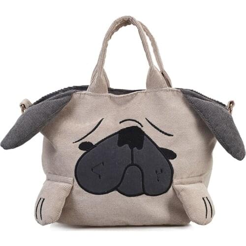Cute Animal Handbags For Women Casual Travel Large Capacity Totes Shoulder Bags Pug Dog Corduroy Messenger Bag Feminine Bolsas