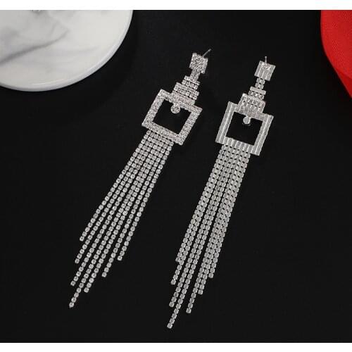 Womens Long Tassel Drop Earrings Pink Big Tassel Crystal Rhinestone Dangle Long Earrings Bride Brincos Wedding Jewelry E763