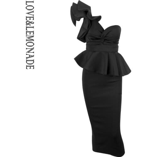 LOVE&LEMONADE Black One-Shoulder Ruffle Trim Two-Pieces Slim Sets LMLM81241