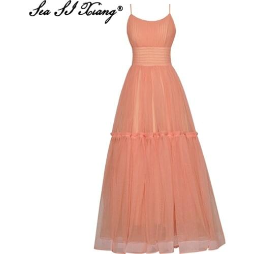 Seasixiang Fashion Designer Summer Mesh Dress Women Sleeveless Ruffles Folds Sexy Backless Long Party Dresses