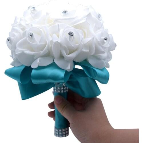 10 Colors PE Rose Bridesmaid Flower Bouquet Foam Rose Wedding Bridal Bouquet Flowers White Ribbon Fake Wedding bouquet de noiva