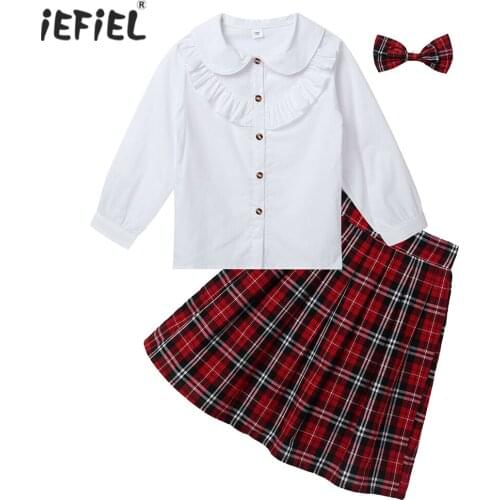 2Pcs Girls Classic Clothing Set Autumn Spring Long Sleeves Kids Shirt Top+Skirt+Bowknot Birthday School Uniform Clothes 4-10 Ys