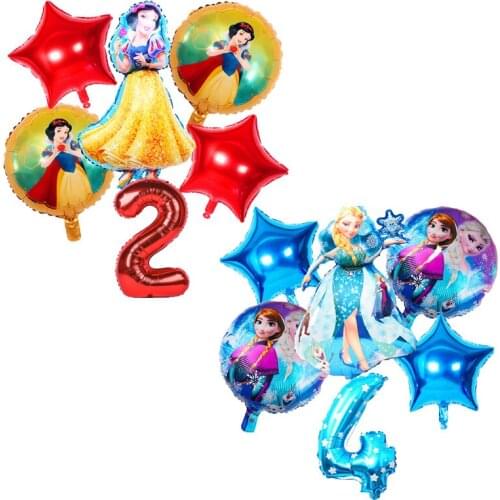 6pcs/set Disney Princess Frozen 2 Snow white Theme Balloons Kids Favor Birthday Party Decorations Aluminum Foil Number Balloons