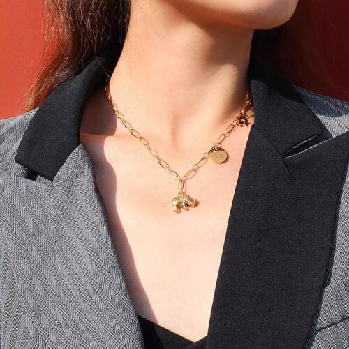 Gold Elephant Pendant Necklace Stainless Steel Link Chain Round Tag Star Fashion Women Jewelry Trendy