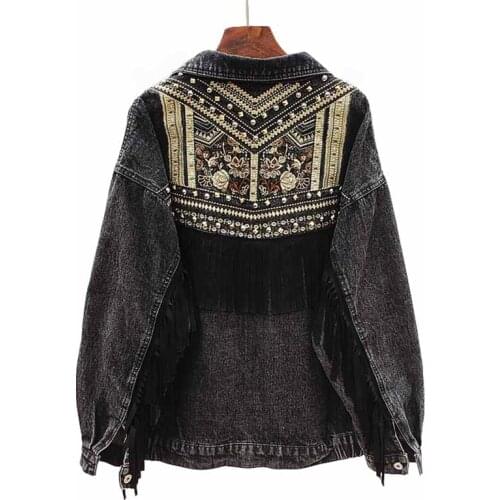 Black Rivet Embroidery Denim Jacket Women Tassel Patch Streetwear Big size Loose Jeans Outwear Chaquetas Mujer Veste Femme KW385