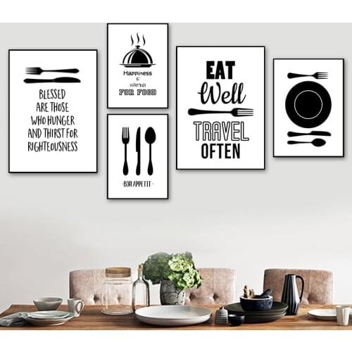 Black White Cartoon Kitchenware Art Painting Poster And Print Knife And Fork Wall Pictures For Kitchen Modern Home Decor YX198