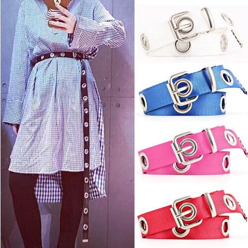 Women Fashion Canvas Belt Hollow Out Air Hole Waistband Long Casual Metal Ring Female Wild Belt For Women Lady Girls