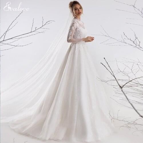 EVALOVE Elegant High Neck Long Sleeve Bride A-Line Wedding Dress Luxurous Beading Appliques Lace Sweep Train Vintage Bridal Gown