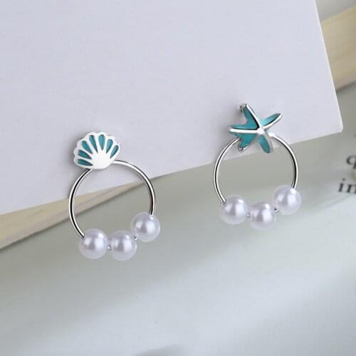 Enamel Pearl Round Circle Earring For Women Silver Color Starfish Shell Earring Female Pierced Long Chain Eardrop Fine Jewelry