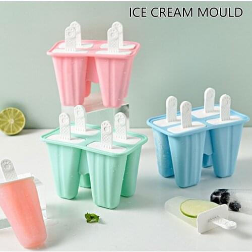 Home Ice Cream Mold 4-holes Popsicle Molds Silicone Ice Cream Mould Ice Lolly Mold Reusable Ice Pop Maker Freezer Ice Cube Tray