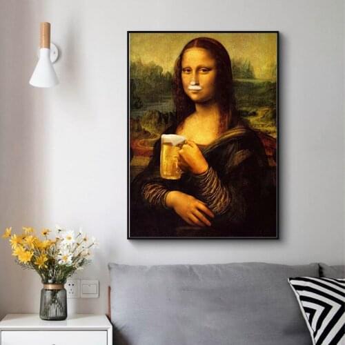 Spoof fun Mona Lisa drinking beer Canvas Painting Posters and Print Quadro Wall Art Picture for Living Room Cuadros Home Decor