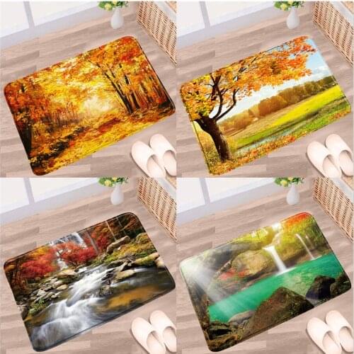 Autumn Forest Bathroom Mat Waterfall Tree Creek Natural Scenery Non-Slip Rug Floor Decor Toilet Kitchen Doorway Aisle Carpet Pad
