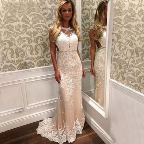 Champagne Lace Mermaid Wedding Dresses 2021 Scoop Neck Bridal Dress Backless Wedding Gowns vestido de noiva Custom Size