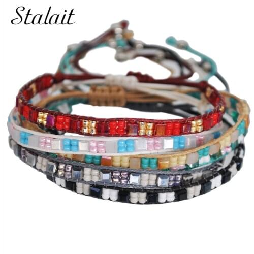 Square Glass Colorful Beaded Bracelets Woven Couple Crystal String Beads Charm Boho Jewer Handmad Knot Rope Bracelet Fashion