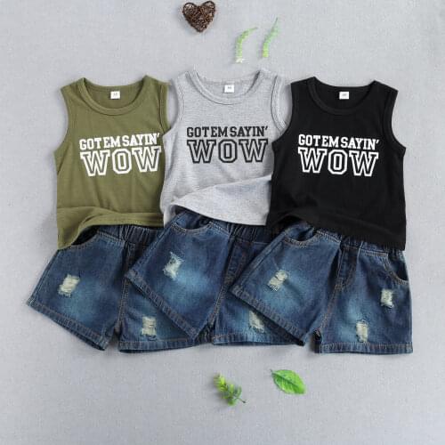 Citgeett Summer 1-5Years Kid Boys Baby Sleeveless Vest + Denim Shorts Letter Print Clothing Set