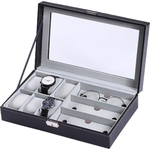 Multi-grids Jewelry Bracelet Case Display Holder PU Leather Watch Storage Box Glasses Organizer