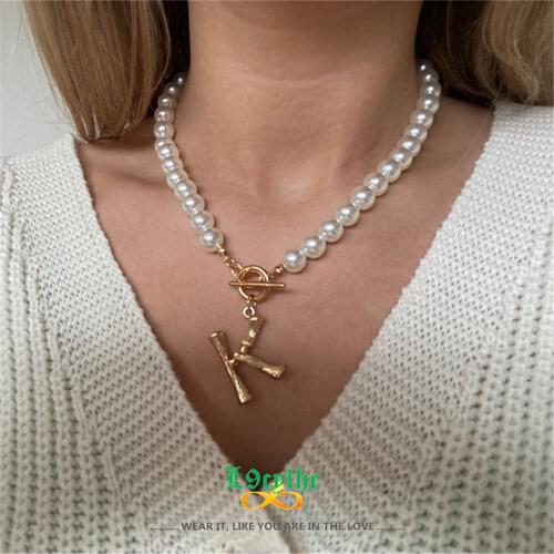 Simulated Pearl Statement Necklace For Women Boho Jewelry Gold Bamboo Alphabet A-Z Initial Letter Pendants NecklacesToggle Chian